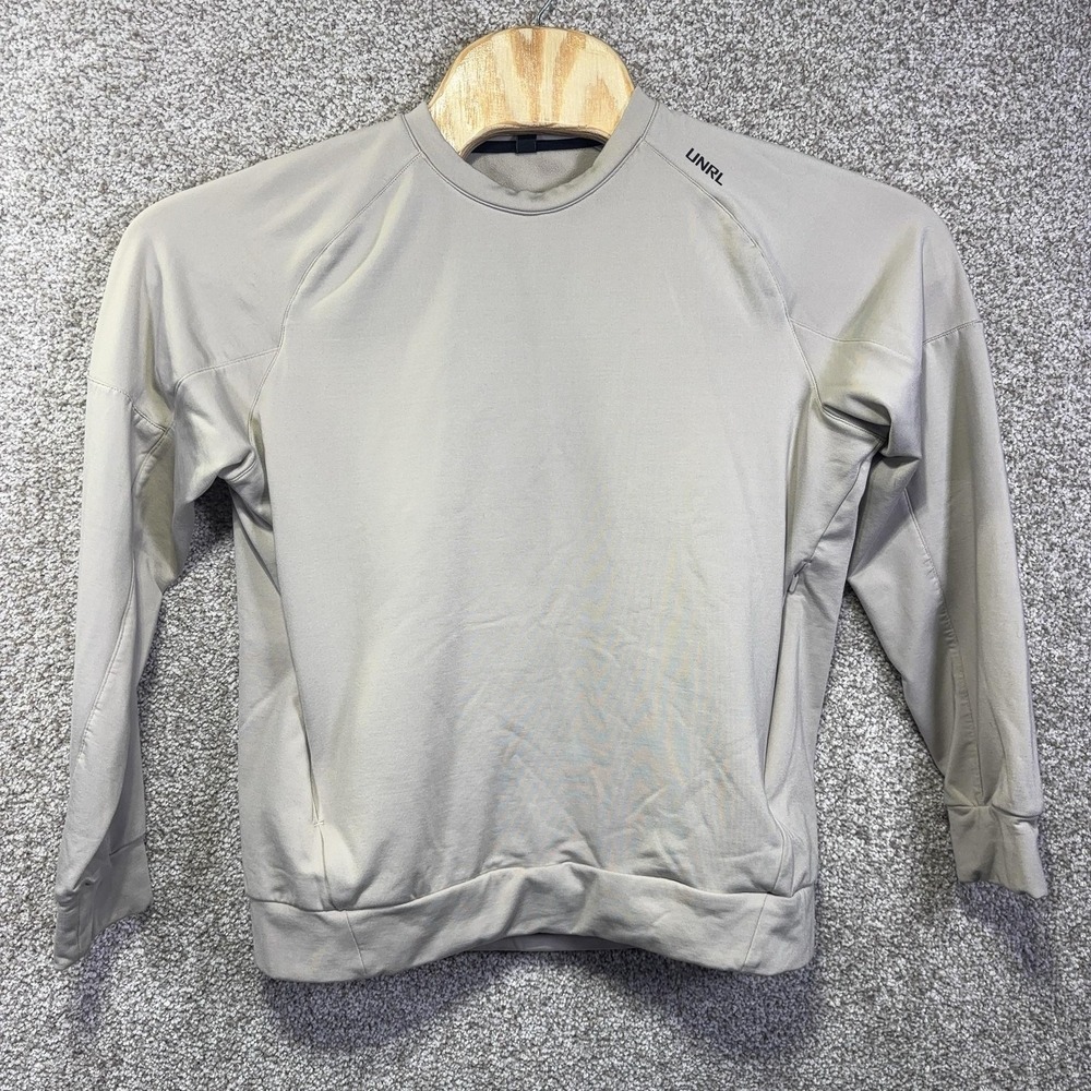 UNRL Sweatshirt Mens Small Beige Pullover Fleece Crewneck Stretch Lined Logo